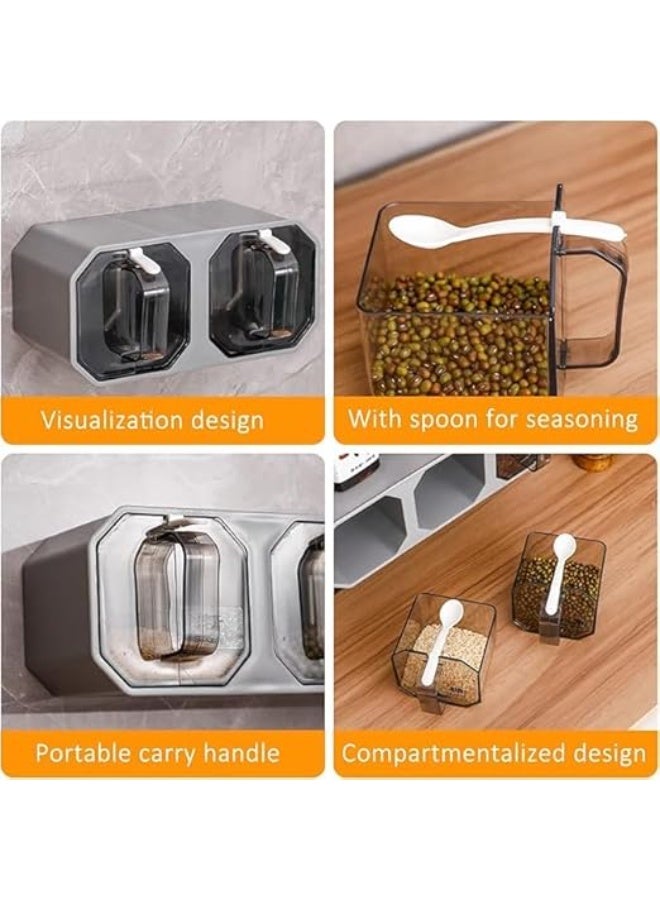 DUNISO علبة توابل 2 قطعة، علبة توابل مع مقبض وملعقة، جرة توابل مثبتة على الحائط مع علبة 4 أقسام، سهلة التنظيف، مقاومة للتآكل، للمطبخ، المنضدة، تخزين الطعام - Image 3