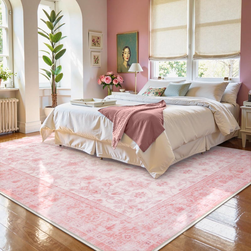 LIVEBOX 8x10 Pink Area Rug for Living Room, Vintage Soft Washable Bedroom Area Rugs, Non-Slip Foldable Floral Rug, Indoor Carpet for Dining Room Nursery Dorm Home Decor - Image 3