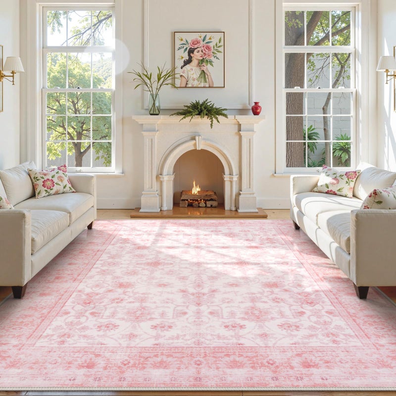 LIVEBOX 8x10 Pink Area Rug for Living Room, Vintage Soft Washable Bedroom Area Rugs, Non-Slip Foldable Floral Rug, Indoor Carpet for Dining Room Nursery Dorm Home Decor - Image 1