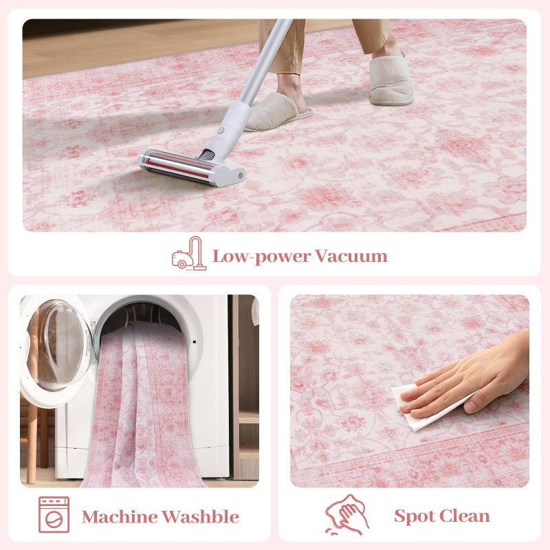 LIVEBOX 8x10 Pink Area Rug for Living Room, Vintage Soft Washable Bedroom Area Rugs, Non-Slip Foldable Floral Rug, Indoor Carpet for Dining Room Nursery Dorm Home Decor - Image 5