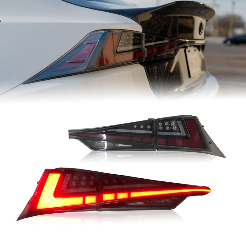 مجموعة أضواء الذيل HCMOTIONZ HCmotion لسيارات لكزس IS250 IS200T IS350 IS300 لعام 2014-2020 مع إضاءة LED DRL وتأثير بدء التشغيل وإشارة الانعطاف المتسلسلة وأضواء الرجوع المدخنة