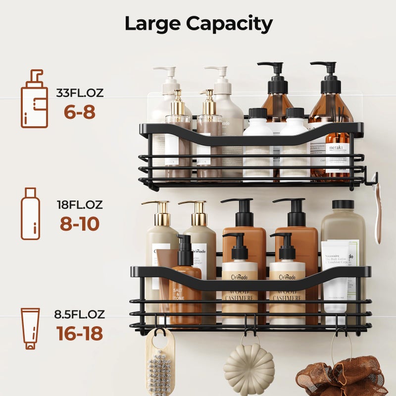 Orimade Shower Caddy Basket Shelf Storage Rack, No Drilling Wall Mounted Adhesive Rust Proof Stainless Steel Shower Organizer with 5 Hooks for Bathroom, Black 2 Pack - Image 4