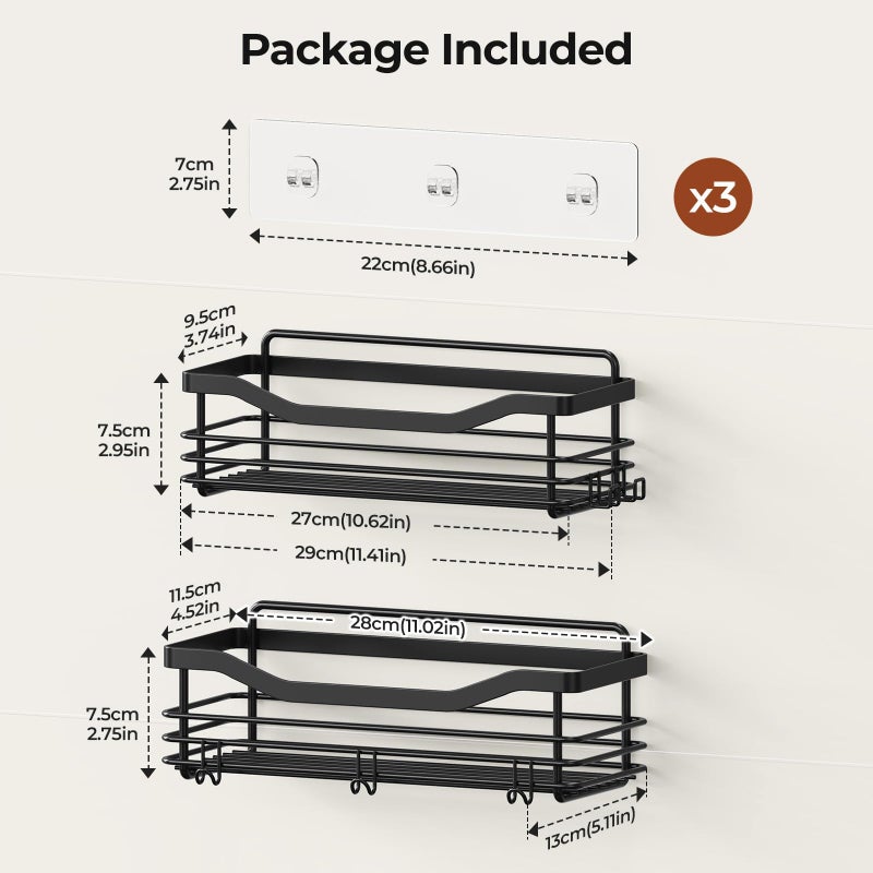 Orimade Shower Caddy Basket Shelf Storage Rack, No Drilling Wall Mounted Adhesive Rust Proof Stainless Steel Shower Organizer with 5 Hooks for Bathroom, Black 2 Pack - Image 5