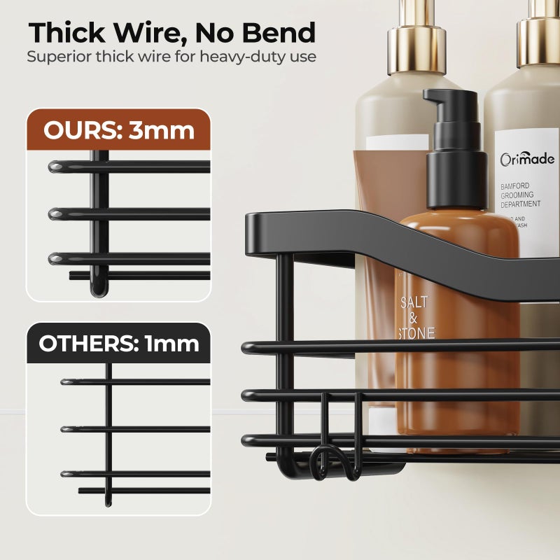 Orimade Shower Caddy Basket Shelf Storage Rack, No Drilling Wall Mounted Adhesive Rust Proof Stainless Steel Shower Organizer with 5 Hooks for Bathroom, Black 2 Pack - Image 3