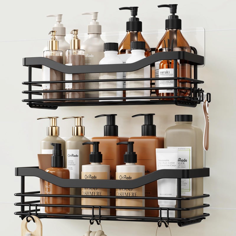 Orimade Shower Caddy Basket Shelf Storage Rack, No Drilling Wall Mounted Adhesive Rust Proof Stainless Steel Shower Organizer with 5 Hooks for Bathroom, Black 2 Pack - Image 1