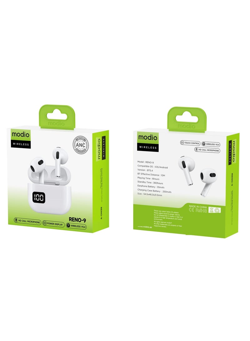 Modio RENO-9 Wireless Earbuds with Digital LED Power Display Bluetooth 5.4, Touch Control HD Calling Microphone Noise Reduction Compatible with iPhones and iPads White - Image 4
