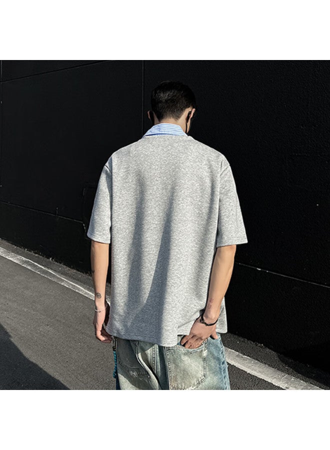 Dingfengbaoluo Stylish Faux Two-piece Men's Shirt Collar, Niche High-end Polo Shirt, Loose Short-sleeve Ft88 Gray L - Image 2