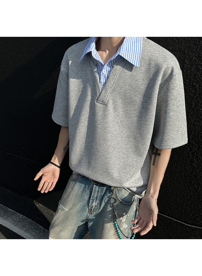 Dingfengbaoluo Stylish Faux Two-piece Men's Shirt Collar, Niche High-end Polo Shirt, Loose Short-sleeve Ft88 Gray L - Image 3
