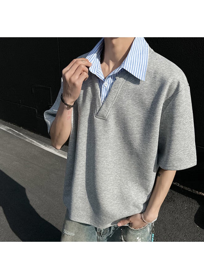 Dingfengbaoluo Stylish Faux Two-piece Men's Shirt Collar, Niche High-end Polo Shirt, Loose Short-sleeve Ft88 Gray L - Image 4