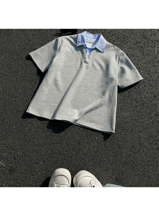Dingfengbaoluo Stylish Faux Two-piece Men's Shirt Collar, Niche High-end Polo Shirt, Loose Short-sleeve Ft88 Gray L - Image 5