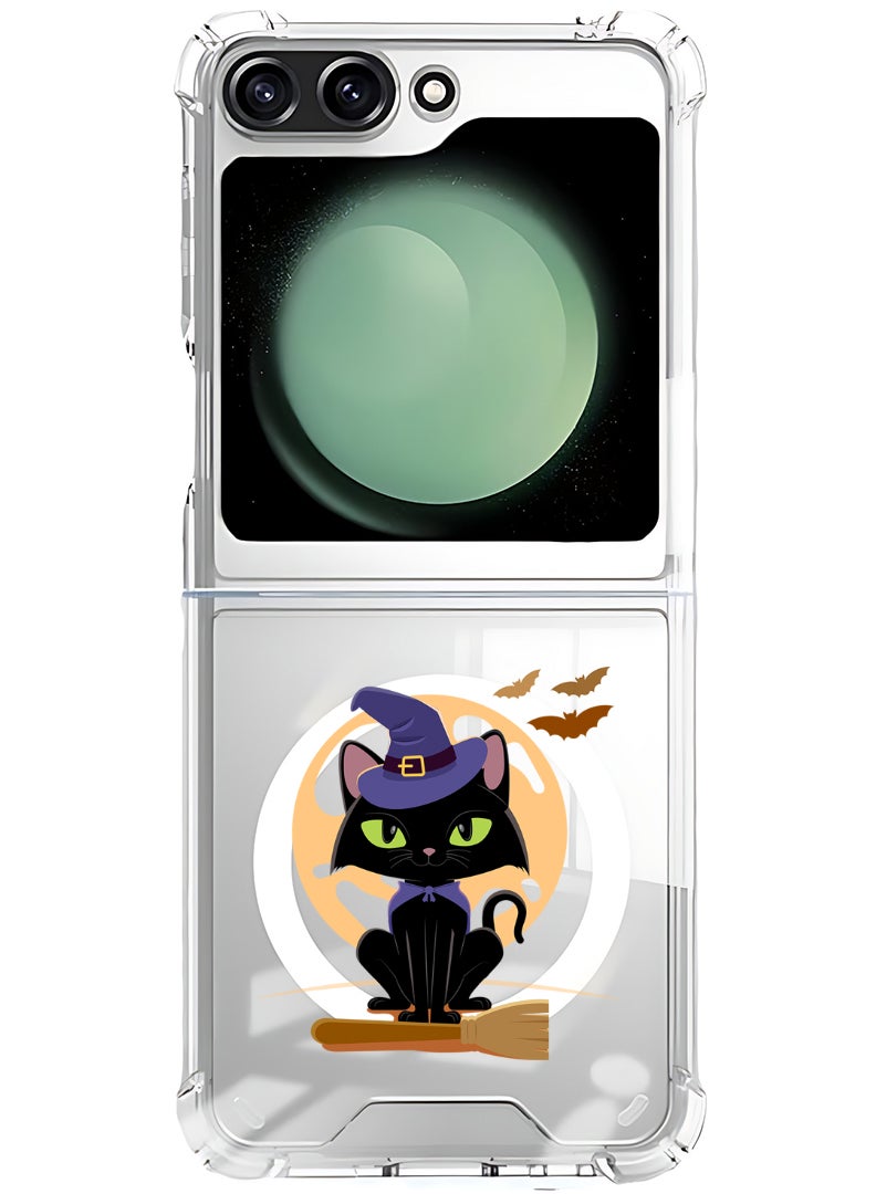 Theodor Magnetic Case for Samsung Galaxy Z Flip 6 Compatible with MagSafe Wireless Charging, Shockproof Phone Bumper Cover Cat Halloween with broom  - Image 1