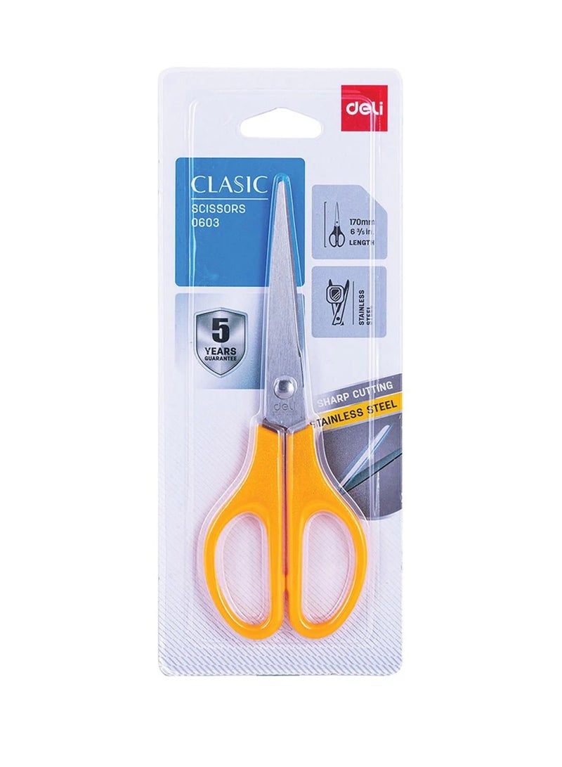 Deli مقص مكتبي من الفولاذ المقاوم للصدأ قطعة واحدة بطول 170 مم بألوان مقHandles مختلفة - Image 1