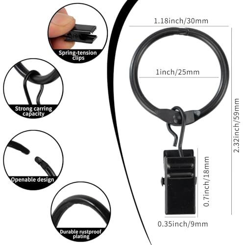 Zocang Openable Curtain Rings with Clips1inch inner diameterHeavy Duty Rustproof Metal Decorative Vintage Drapery Rings Curtain Clips Rod Hangers Door Curtain and Shower Curtain Rings Black Zocang - Image 3
