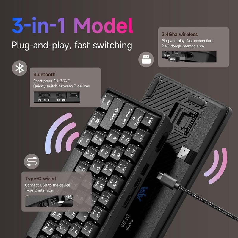 DIERYA DK63 60% Wireless Mechanical Gaming Keyboard Bluetooth/2.4G/Wired RGB Backlit Anti-Ghosting Compact 63-Keys Mini Keyboard with Red Switch for Windows Laptop PC Gamer Typist-Black - Image 5