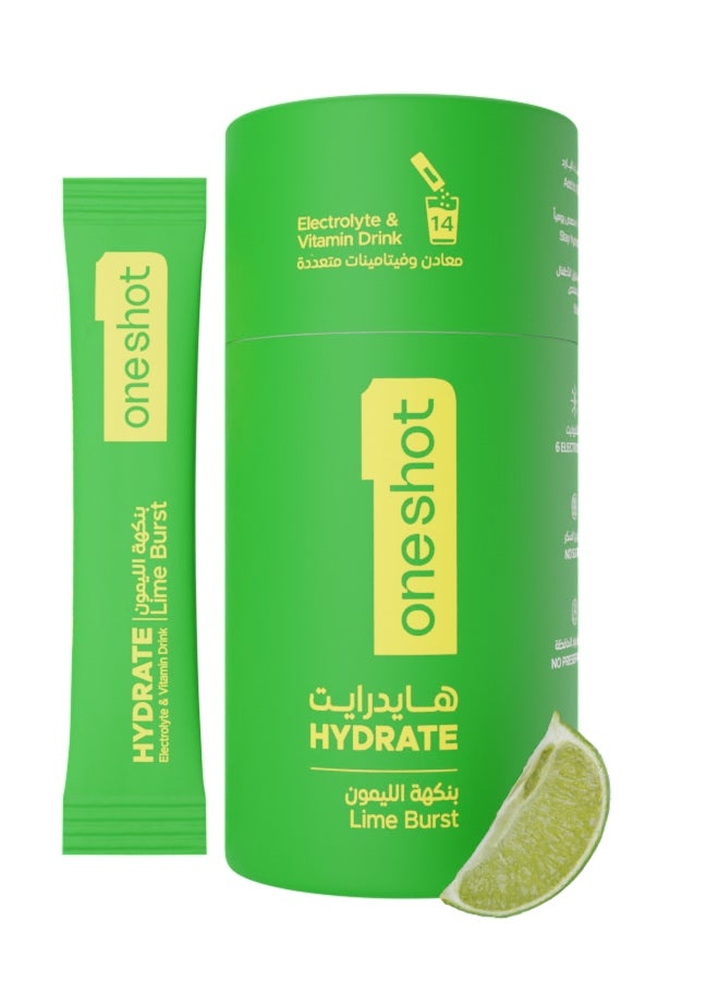 Lime Burst, Daily Hydration, Sugar Free Electrolyte Powder Drink Mix with Vitamins and Zinc, No Aftertaste, Lime Lemon Flavor, 14 Sachets