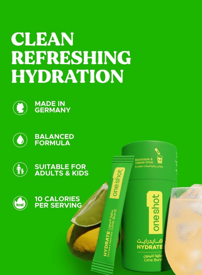 Lime Burst, Daily Hydration, Sugar Free Electrolyte Powder Drink Mix with Vitamins and Zinc, No Aftertaste, Lime Lemon Flavor, 14 Sachets