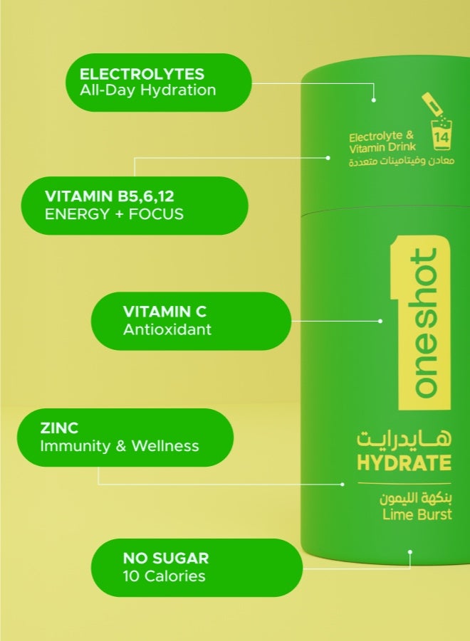 Lime Burst, Daily Hydration, Sugar Free Electrolyte Powder Drink Mix with Vitamins and Zinc, No Aftertaste, Lime Lemon Flavor, 14 Sachets