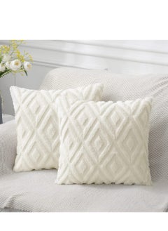KASTWAVE Soft Faux Fur Throw Pillow Covers, 16 x 16 Inch Plush Short Wool Velvet Decorative Pillow Covers, Couch Sofa Pillow Covers for Living Room with 3D Diamond Pattern (Set of 2, Cream White)  - Image 1