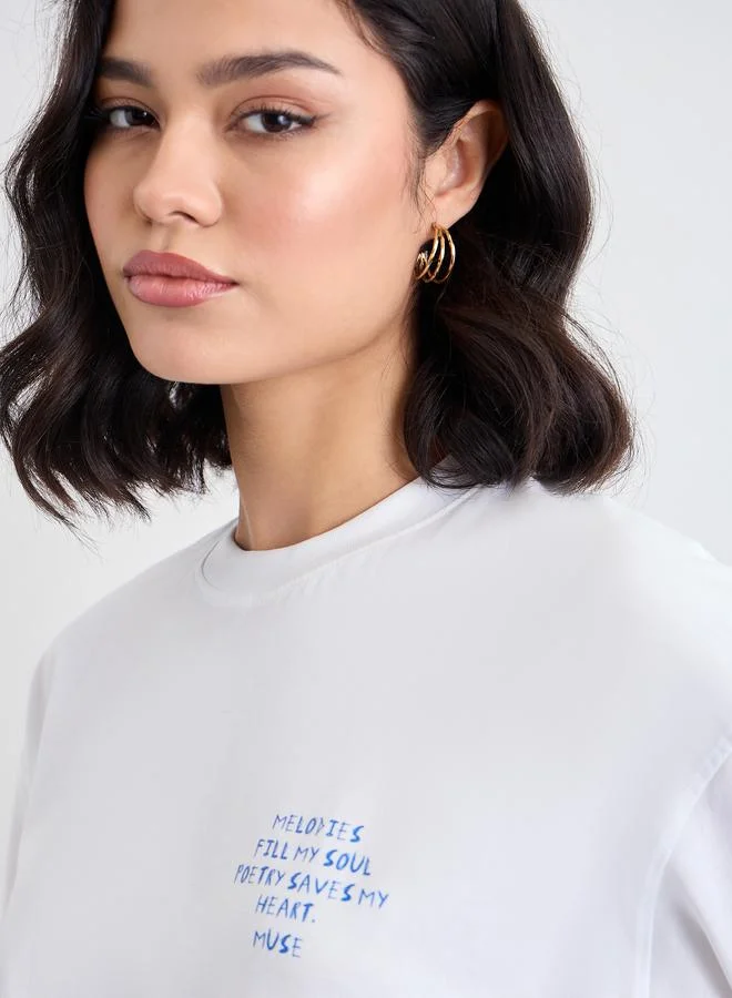 Styli Styli Women White Slogan Print Short Sleeve Oversized T-Shirt