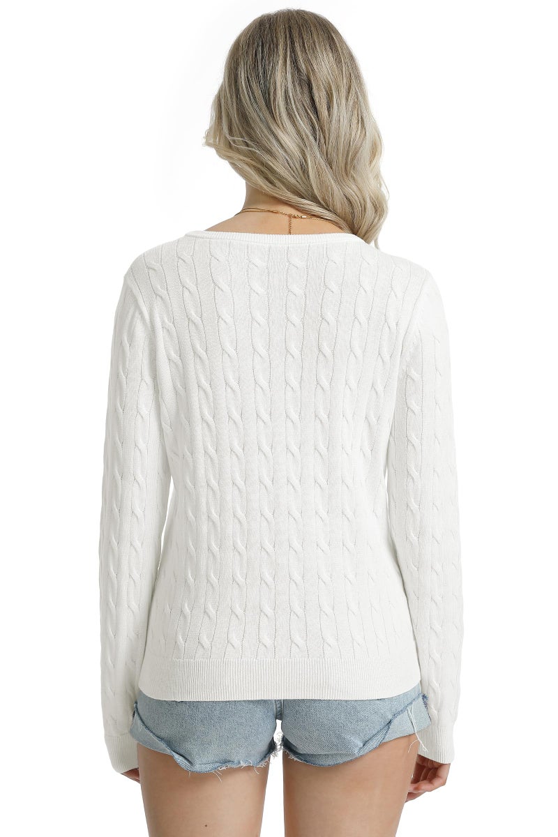 QUALFORT Womens 100% Cotton Cable Knit Sweater Lightweight V Neck Long Sleeve Pullover Off White Large 2026 - Image 4