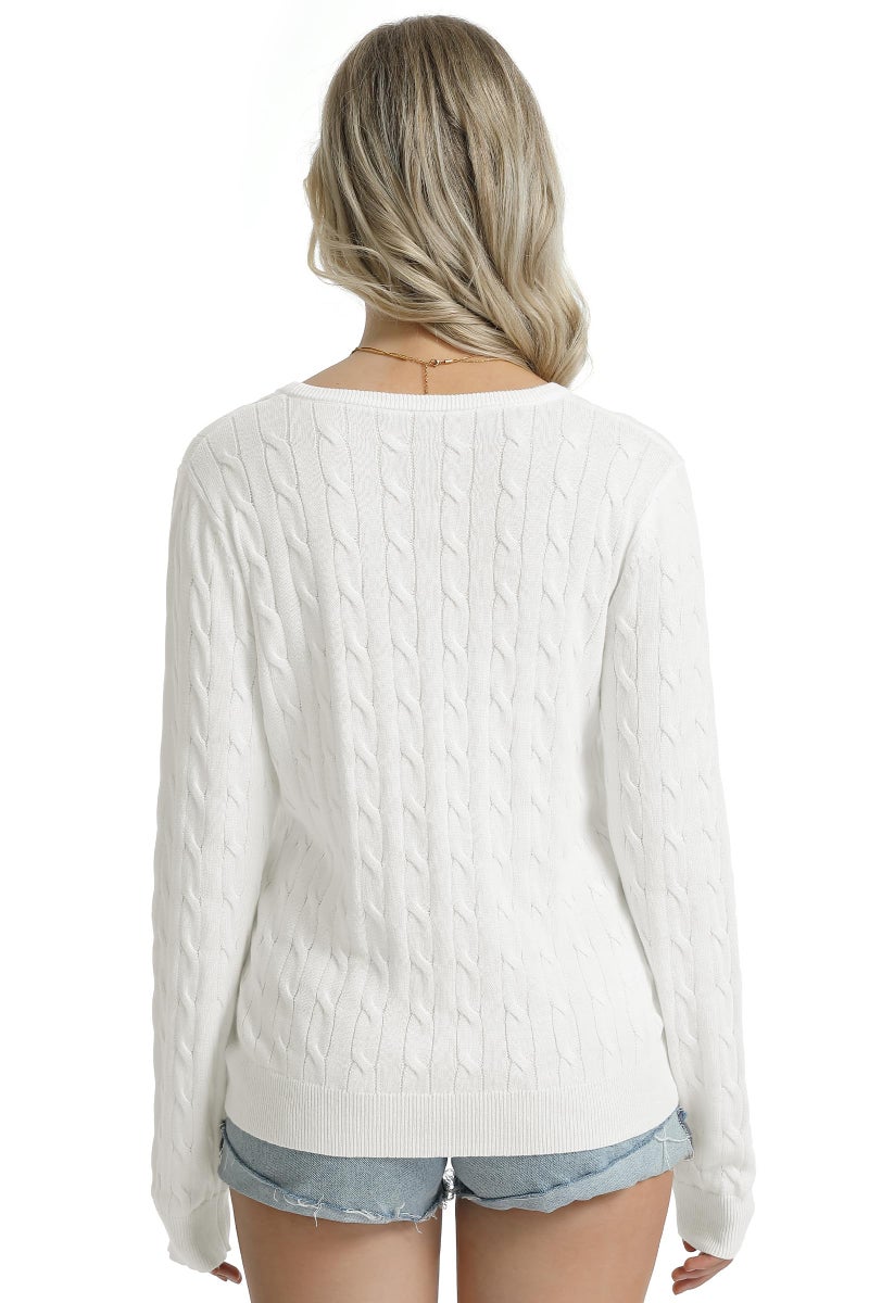 QUALFORT Womens 100% Cotton Cable Knit Sweater Lightweight V Neck Long Sleeve Pullover Off White Large 2026 - Image 3