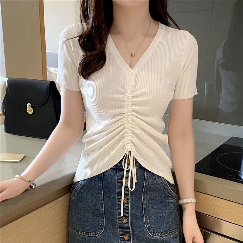 Mid-Drawstring Top for Women, Summer V-Neck Niche Design T-Shirt, Versatile Slimming Look Short-Sleeved Thin Ice Silk Knitwear - Image 1
