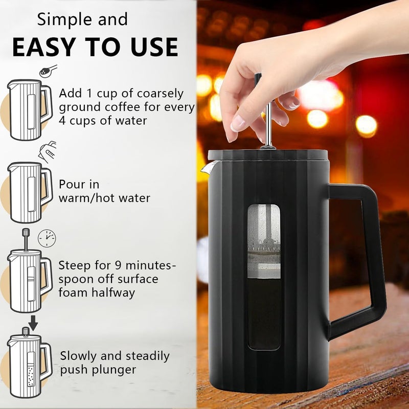 Masroo French Press Coffee Maker (34oz / 1L) Heat Resistant Thickness Borosilicate Glass and BPA Free Plastic Coffee Press Matte Black Lightweight Travel & 3 Level Filter Camping Coffee Maker - Image 3