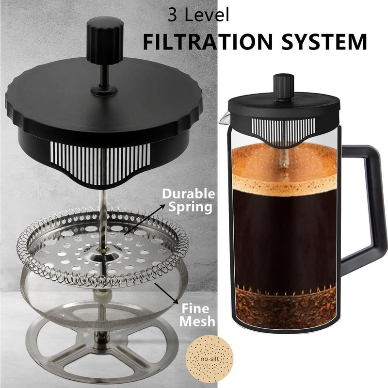 Masroo French Press Coffee Maker (34oz / 1L) Heat Resistant Thickness Borosilicate Glass and BPA Free Plastic Coffee Press Matte Black Lightweight Travel & 3 Level Filter Camping Coffee Maker - Image 2