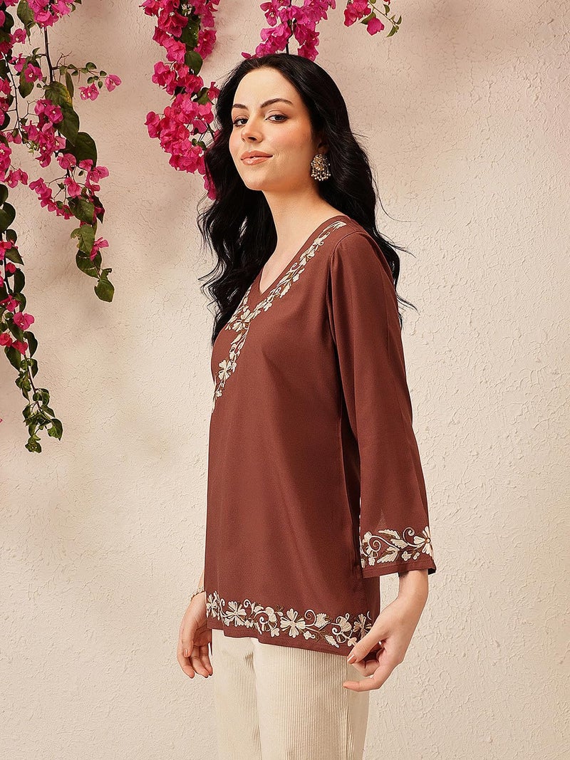 QAZMI Women's Jina V-Neck Kashmiri Aari Work Full Sleeves Kurti_XL Brown - Image 3
