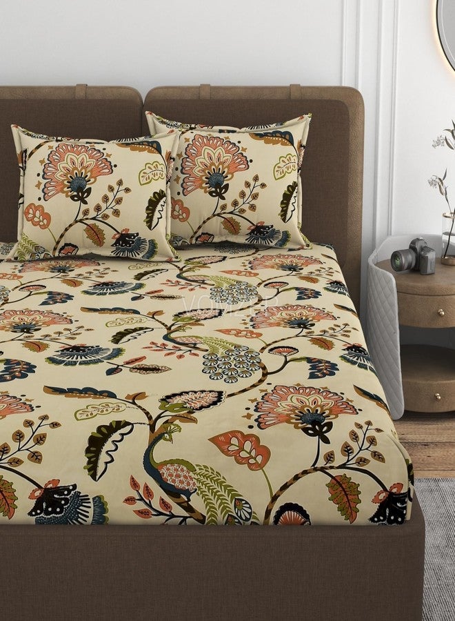 VOMZER 320 TC Cotton Feel All Around Elastic Fitted Printed Bedsheets King Size, Premium Fitted Bedsheets King Size for Double Bed with 2 Pillow Covers, Size- 78” x 72” Beige - Image 1