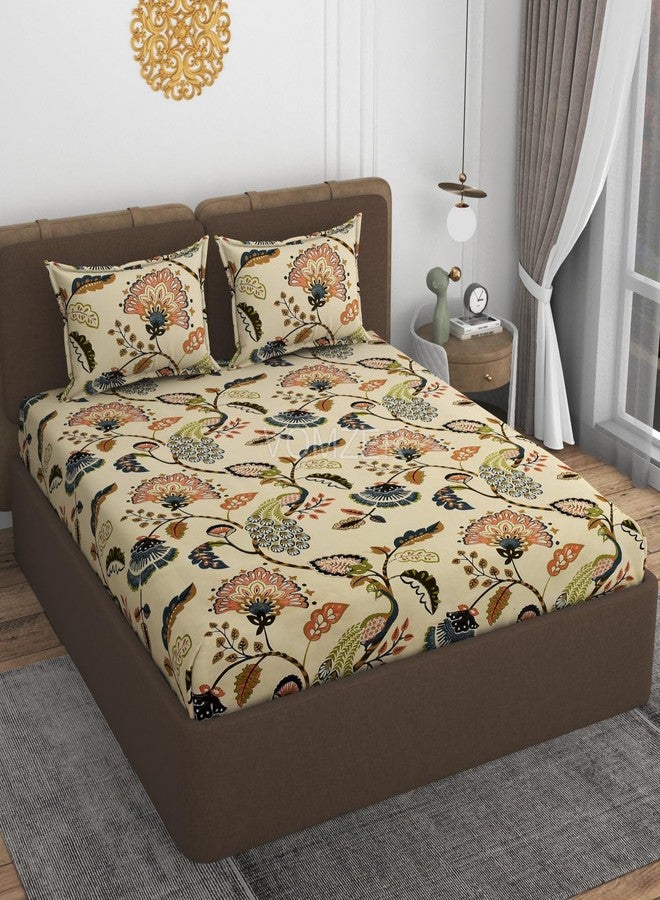 VOMZER 320 TC Cotton Feel All Around Elastic Fitted Printed Bedsheets King Size, Premium Fitted Bedsheets King Size for Double Bed with 2 Pillow Covers, Size- 78” x 72” Beige - Image 2