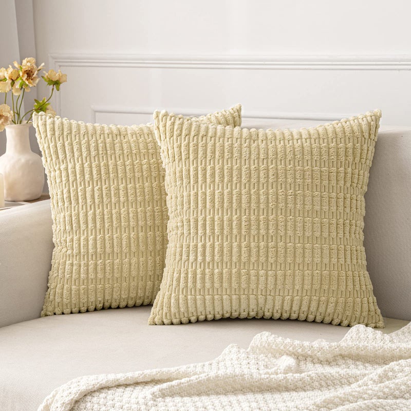 MIULEE Pack of 2 Corduroy Decorative Throw Pillow Covers 18x18 Inch Soft Boho Striped Pillow Covers Modern Farmhouse Home Decor for Sofa Living Room Couch Bed Beige