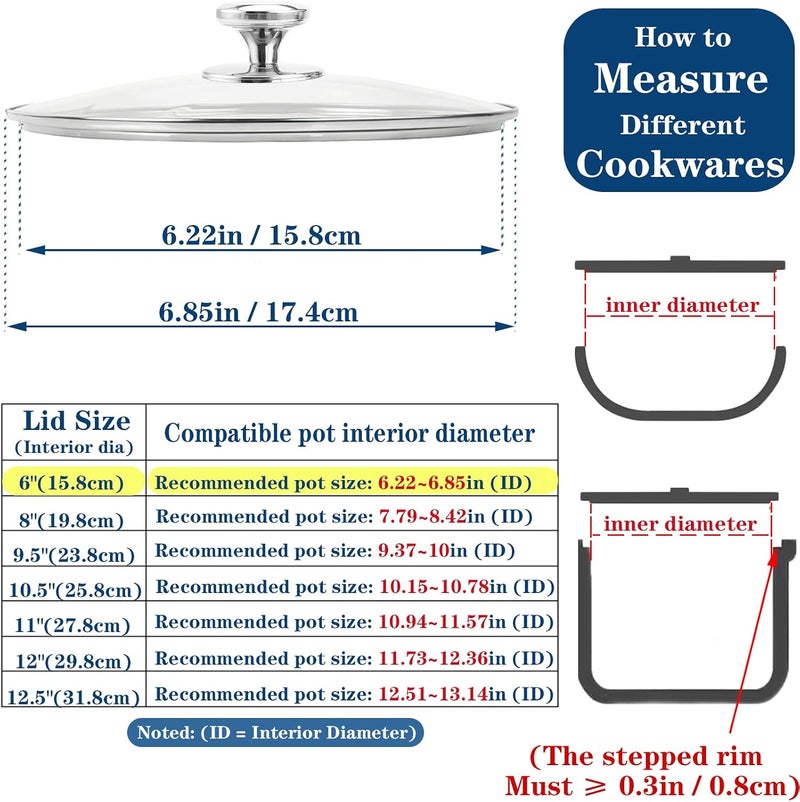 Bigwinyep 6 Inch Universal Pan Lid, Tempered Glass Lid for Frying Pan, 6,8,9.5,10.5,11,12,12.5 Inch Universal Lids for Pots, Pans and Skillets - Image 2