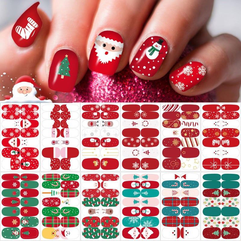 winthrop 12 Sheets Christmas Nail Wraps Full Stickers Nail Polish Strips DIY SelfAdhesive Nail Art Glitter Decals Santa Claus Xmas Tree Reindeer Snow Party Decor with 2 Pcs Nail Files 168 Pieces - Image 3