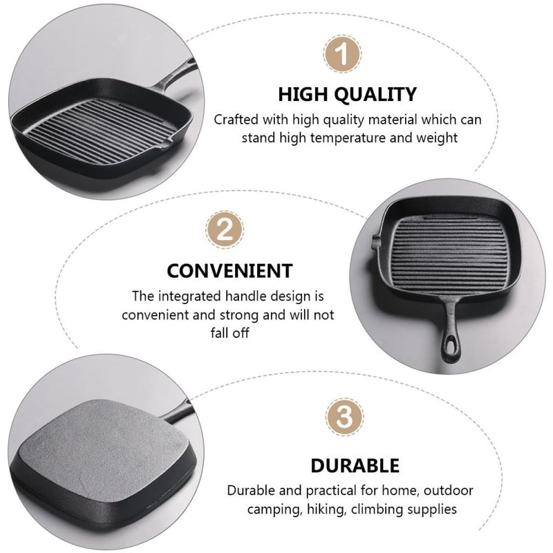 Square Cast Iron Steak Frying Pan 24cm Uncoated Skillet Striped Surface For Home Kitchen - Image 5