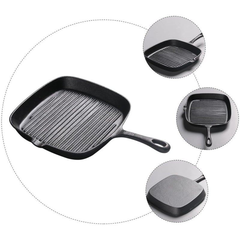 Square Cast Iron Steak Frying Pan 24cm Uncoated Skillet Striped Surface For Home Kitchen - Image 4