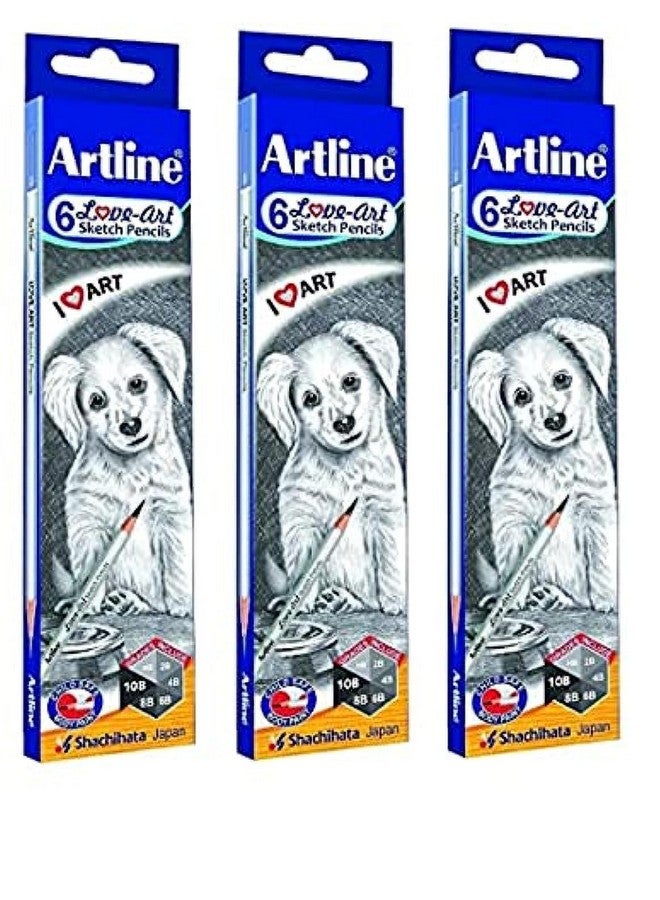 Artline Love Art Ultra Dark Sketch Pencil Set|Lightweight With Comfortable Grip|Pencil Set For Drawing|Shading|Safe Pencils For Children|Set Of 6 Sketch Pencil X Pack Of 3|Black