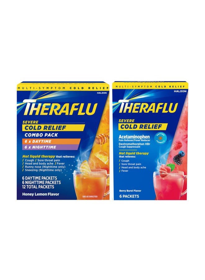 Theraflu Combo Daytime and Nighttime Severe Cold Relief Honey Lemon Flavor Powder_ and Daytime Severe Cold Relief Berry Burst Flavor Powder, _6 Daytime + 6 Nighttime, and 6 Berry Burst Powder Packets - Image 1