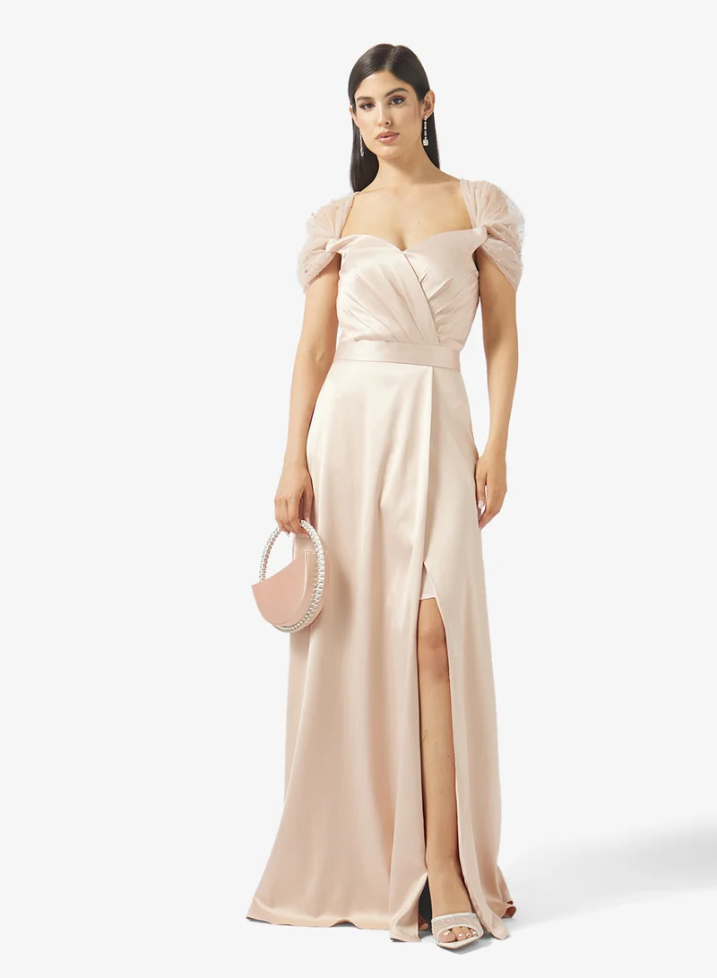 Namshi x  Mesh Sleeve Ruched A Line Satin Dress for Women | Best Price UAE