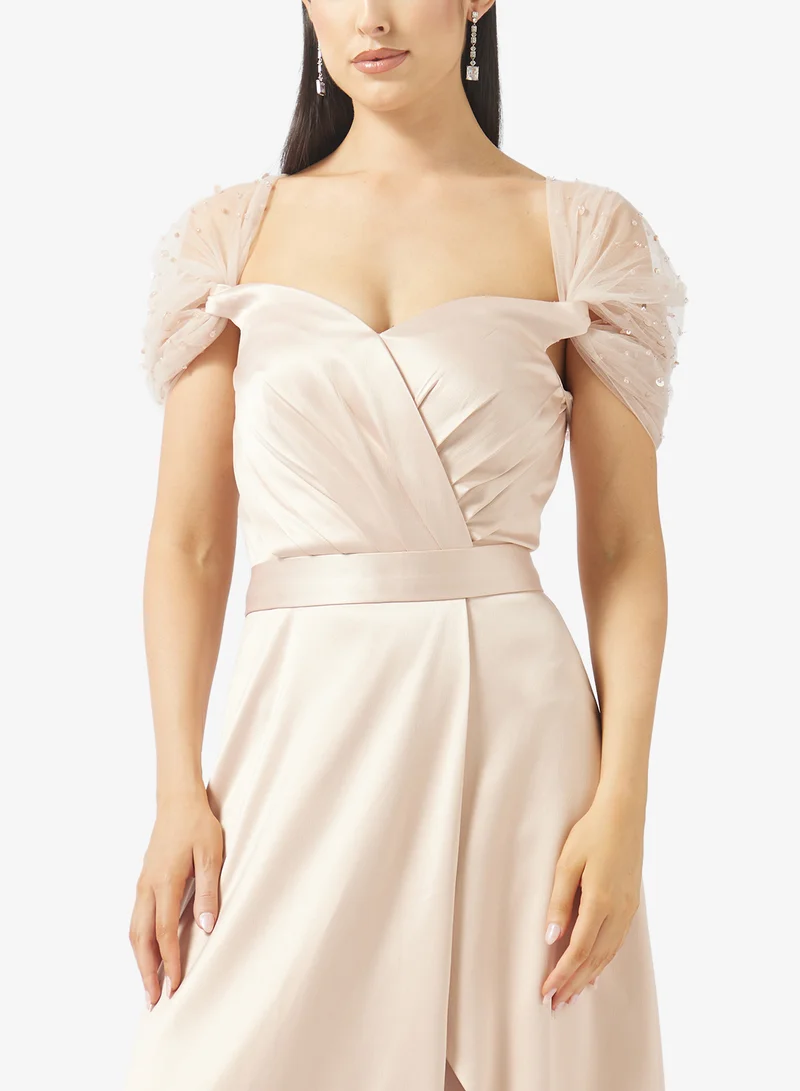 Namshi x  Mesh Sleeve Ruched A Line Satin Dress for Women | Best Price UAE