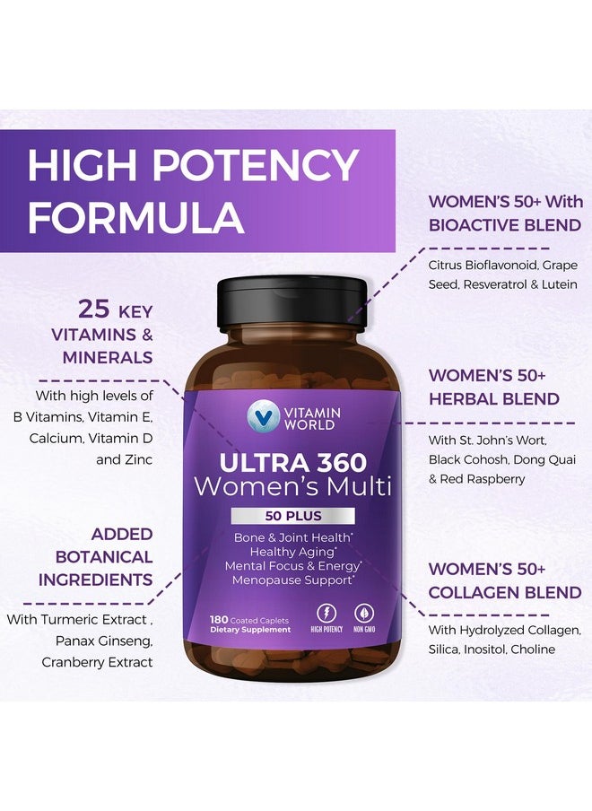 VITAMIN WORLD Vitamin World Ultra 360 Multivitamin for Women 50 Plus, Women's 50+ Multivitamin with Minerals & Herbs for Menopause Support, Supplement with Vitamin B, D, E & Zinc for Healthy Aging, 180 Caplets  - Image 2