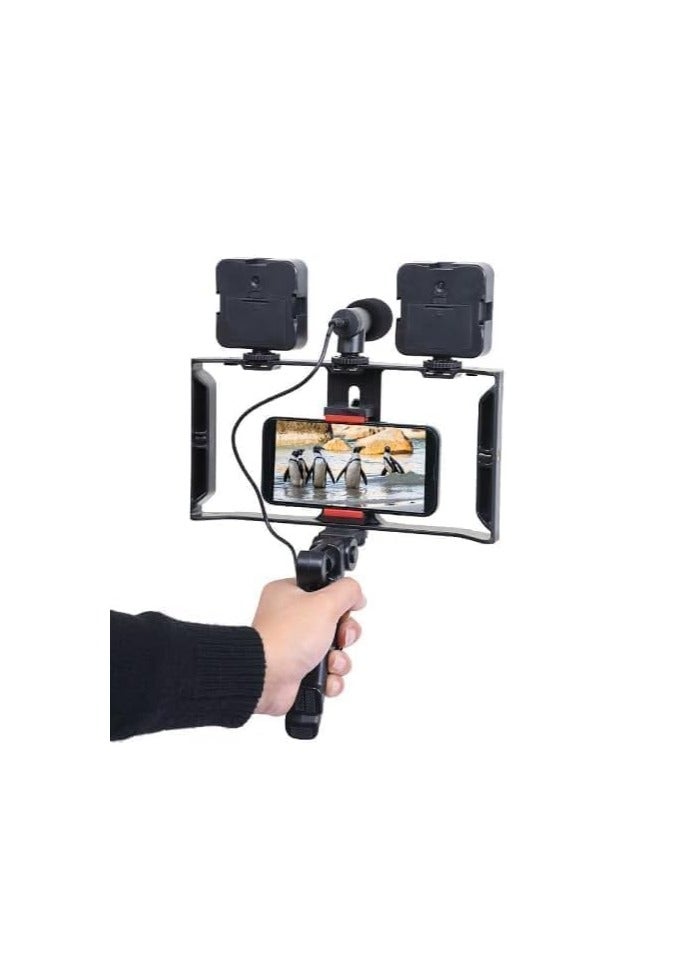 Smartphone Video Rig Kit with Dual LED Lights, Microphone, Stabilising Handle, Mobile Phone Camera Mount, Video Making Kit, Vlogging