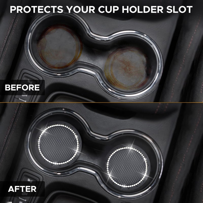 EcoNour Bling Cup Holder Insert (2 Pack) with Push Start Button Ring (1 Pack) | 2.75 Inch Silicone Coaster Pad and 1.5 Inch Ring with Elegant Crystal Rhinestone | Car Interior Accessories (Black) - Image 2