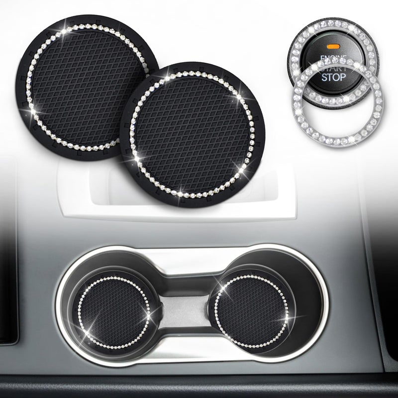 EcoNour Bling Cup Holder Insert (2 Pack) with Push Start Button Ring (1 Pack) | 2.75 Inch Silicone Coaster Pad and 1.5 Inch Ring with Elegant Crystal Rhinestone | Car Interior Accessories (Black) - Image 1
