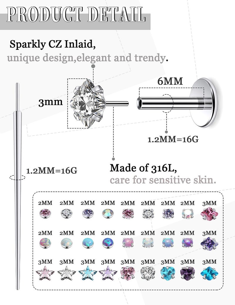 Lsnevsie 16G Threadless Nose Rings Studs Flat Back Earrings Studs Surgical Stainless Steel Opal Heart CZ Nose Rings Stud Tragus Helix Conch Cartilage Earrings Piercing Jewelry For Women Men 6MM Bar - Image 2