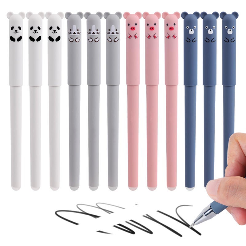 RIANCY 0.5mm Erasable Gel Pens,12 Pack Cute Cartoon Animal Rollerball Gel Ink Pens Refillable Pens for Adult Writing Calligraphy Note Taking (12 Black Ink) - Image 1