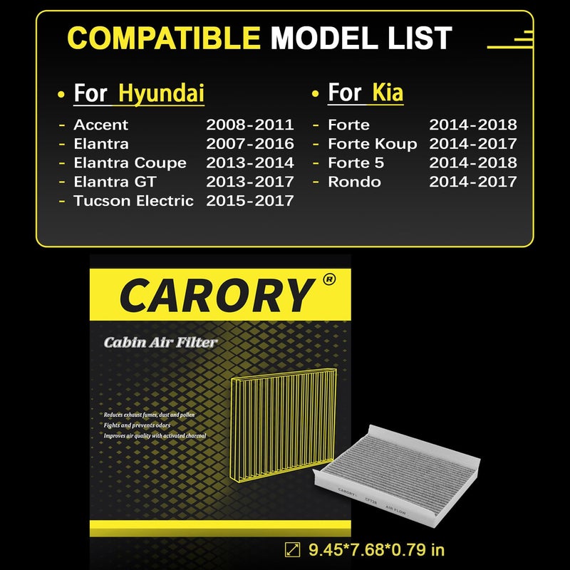 CARORY Cabin Air Filter w/Activated Carbon for Hyundai Accent 08â€“11, Elantra 07â€“16, Elantra Coupe 13â€“14, Elantra GT 13â€“17, Kia Forte 14â€“18, Forte Koup 14â€“16, Forte 5 14â€“18, Rondo 14â€“17 and More - Image 2