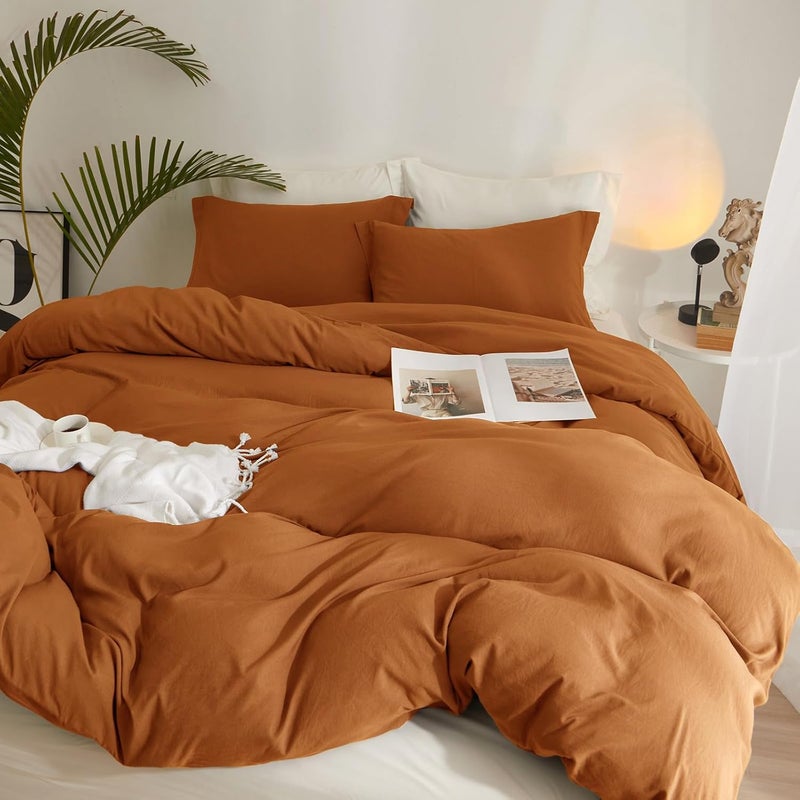 AMWAN Terracotta Duvet Cover Queen Size Burnt Orange Duvet Cover Soft 3 Pieces Microfiber Bedding Set Rust Color Fall Comforter Cover Boho Caramel Duvet Cover 90”x90” with Zipper Closure and 2 Pillowcases - Image 5