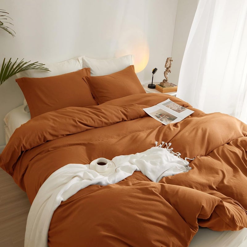 AMWAN Terracotta Duvet Cover Queen Size Burnt Orange Duvet Cover Soft 3 Pieces Microfiber Bedding Set Rust Color Fall Comforter Cover Boho Caramel Duvet Cover 90”x90” with Zipper Closure and 2 Pillowcases - Image 3