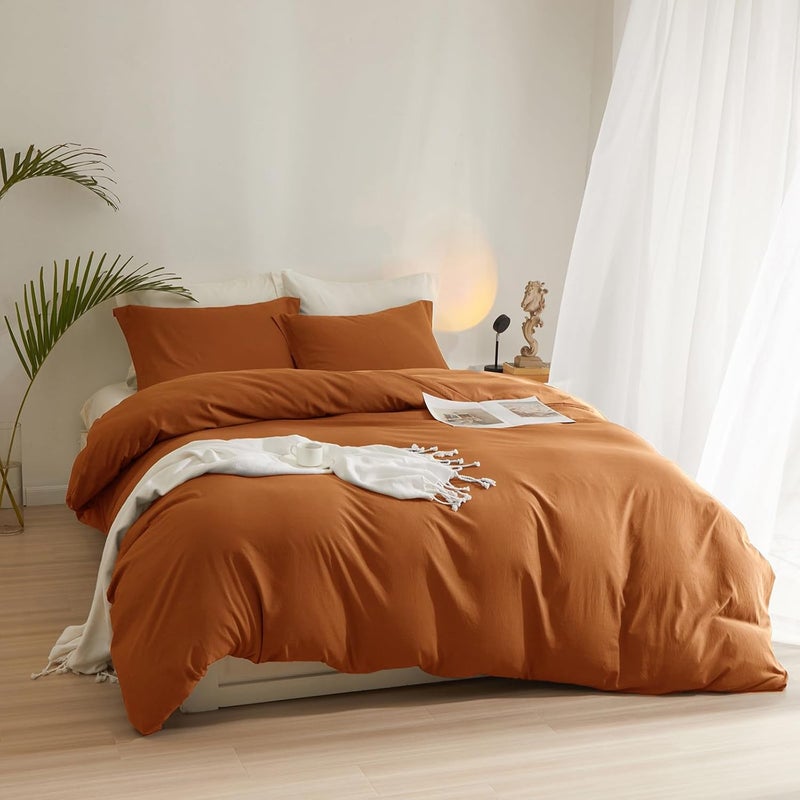 AMWAN Terracotta Duvet Cover Queen Size Burnt Orange Duvet Cover Soft 3 Pieces Microfiber Bedding Set Rust Color Fall Comforter Cover Boho Caramel Duvet Cover 90”x90” with Zipper Closure and 2 Pillowcases - Image 2